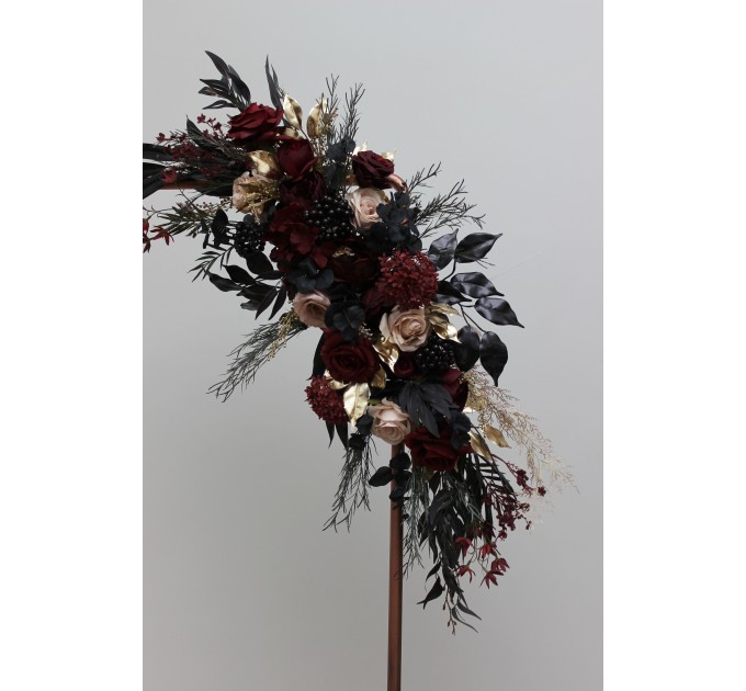  Flower arch arrangement in burgundy black gold beige colors.  Arbor flowers. Floral archway. Faux flowers for Halloween wedding arch. 0018