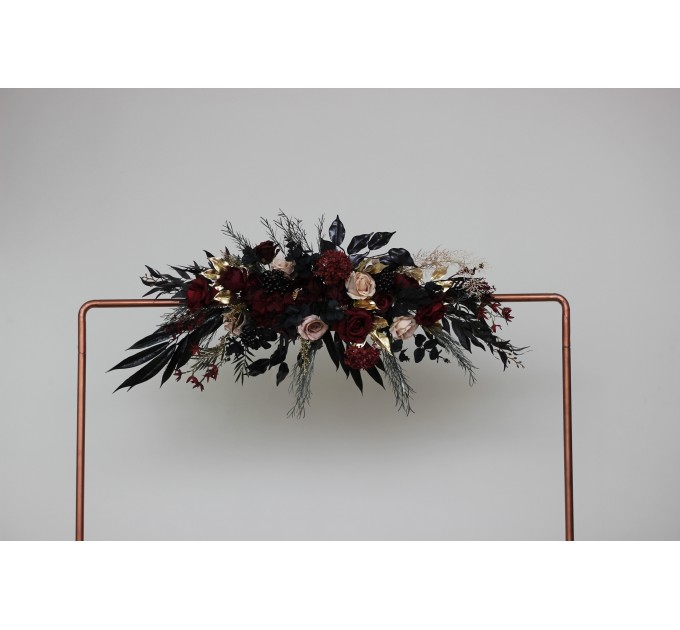 Flower arch arrangement in burgundy black gold beige colors.  Arbor flowers. Floral archway. Faux flowers for Halloween wedding arch. 0018
