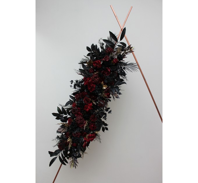  Flower arch arrangement in burgundy black gold beige colors.  Arbor flowers. Floral archway. Faux flowers for Halloween wedding arch. 0018