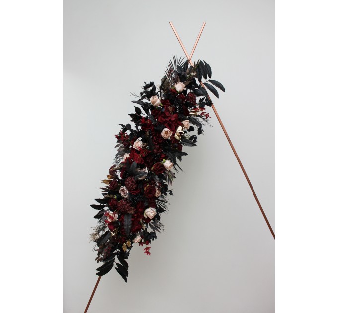  Flower arch arrangement in burgundy black gold beige colors.  Arbor flowers. Floral archway. Faux flowers for Halloween wedding arch. 0018