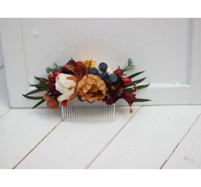 Flower comb in rust burgundy  ivory color scheme. Wedding accessories for hair. Bridal flower comb. Bridesmaid floral comb. 0007
