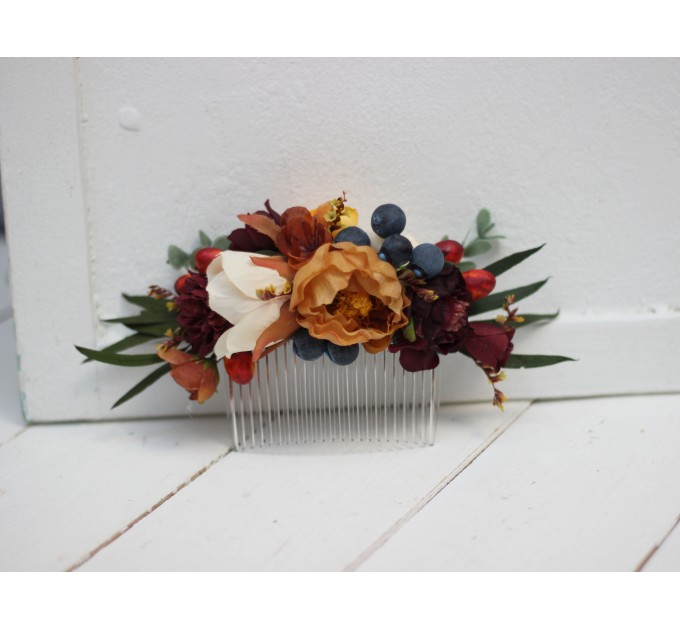 Flower comb in rust burgundy  ivory color scheme. Wedding accessories for hair. Bridal flower comb. Bridesmaid floral comb. 0007