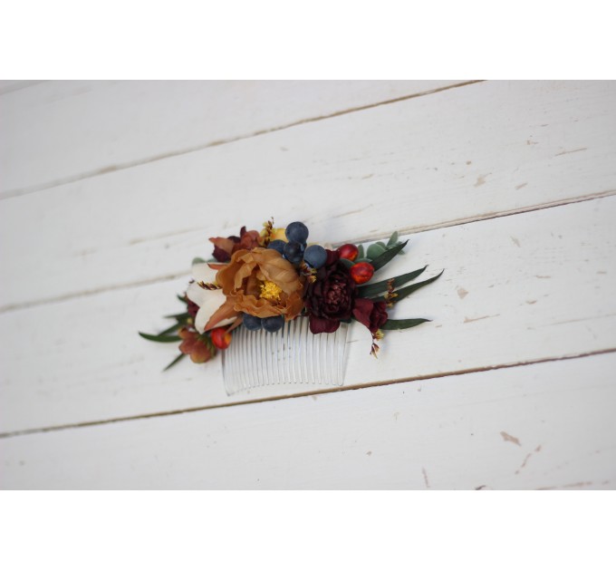 Flower comb in rust burgundy  ivory color scheme. Wedding accessories for hair. Bridal flower comb. Bridesmaid floral comb. 0007