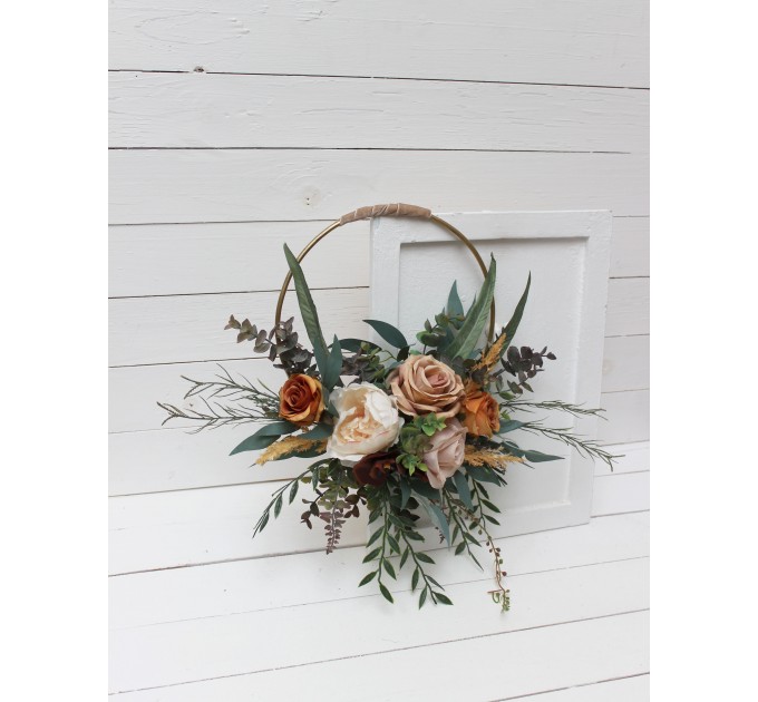 Flower hoop .Rust brown ivory colors. Alternative bridesmaid bouquet. 0019