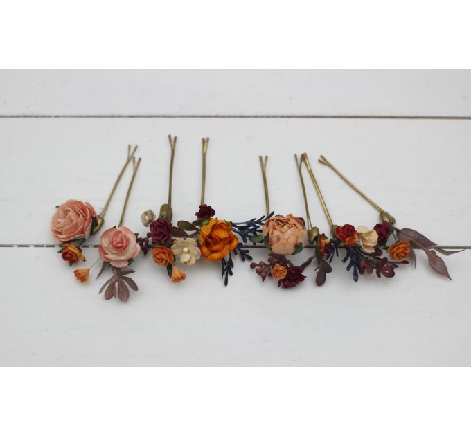  Set of  8 bobby pins in orange peach color scheme. Hair accessories. Bridesmaid hair pins. Flower accessories for wedding. 0014