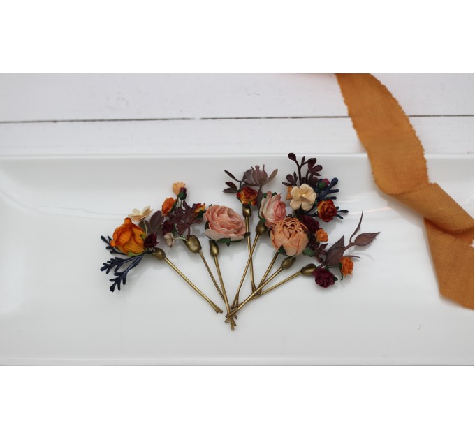  Set of  8 bobby pins in orange peach color scheme. Hair accessories. Bridesmaid hair pins. Flower accessories for wedding. 0014