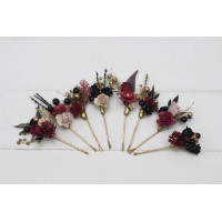  Set of 8 hair pins in  Halloween color scheme. Hair accessories. Burgundy black gold beige flower accessories for wedding. 0018