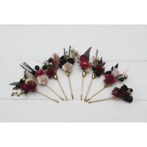  Set of 8 hair pins in  Halloween color scheme. Hair accessories. Burgundy black gold beige flower accessories for wedding. 0018