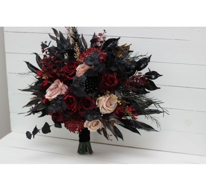 Halloween Wedding Bouquets in Burgundy, Black, Gold, and Beige – Cascade Faux Bouquets
