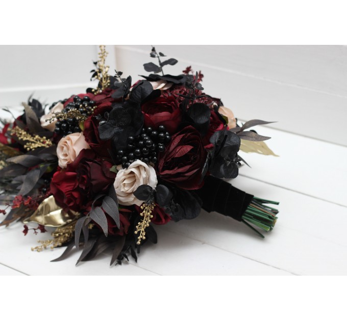 Halloween Wedding Bouquets in Burgundy, Black, Gold, and Beige – Cascade Faux Bouquets