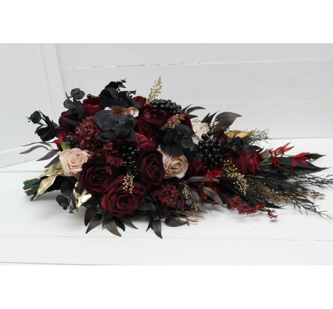 Halloween Wedding Bouquets in Burgundy, Black, Gold, and Beige – Cascade Faux Bouquets