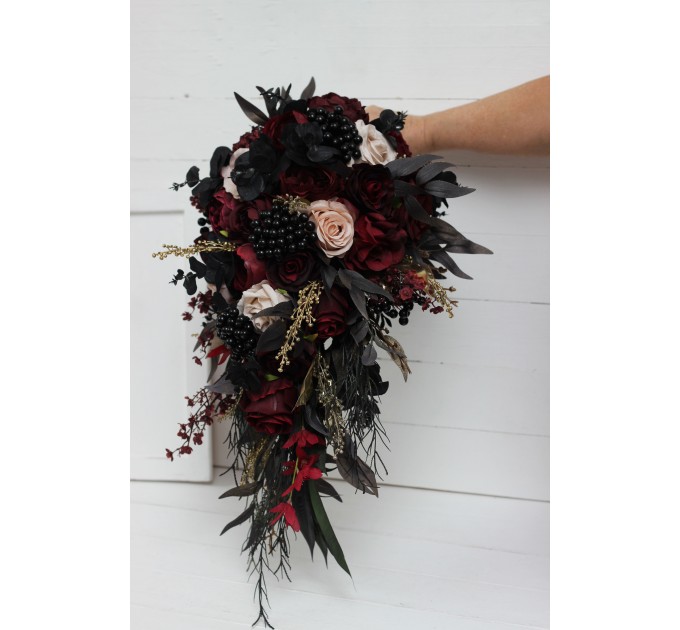 Halloween Wedding Bouquets in Burgundy, Black, Gold, and Beige – Cascade Faux Bouquets