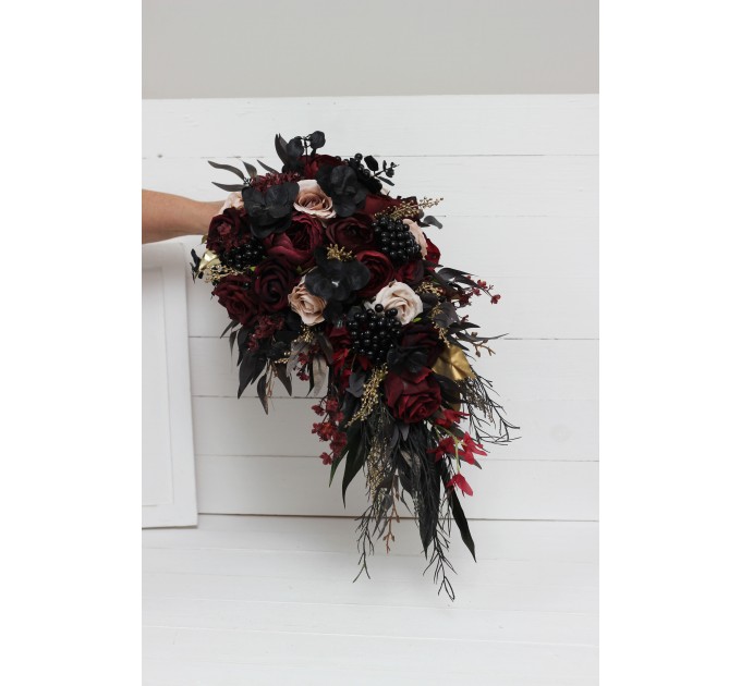 Halloween Wedding Bouquets in Burgundy, Black, Gold, and Beige – Cascade Faux Bouquets