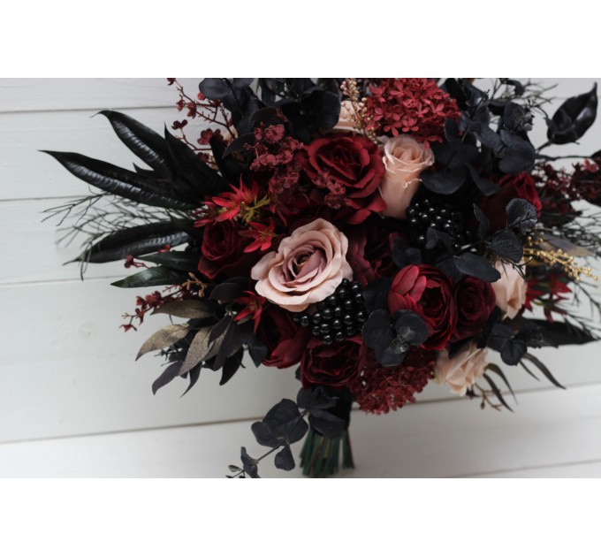 Halloween Wedding Bouquets in Burgundy, Black, Gold, and Beige – Cascade Faux Bouquets