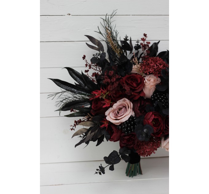 Halloween Wedding Bouquets in Burgundy, Black, Gold, and Beige – Cascade Faux Bouquets
