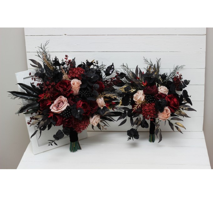 Halloween Wedding Bouquets in Burgundy, Black, Gold, and Beige – Cascade Faux Bouquets