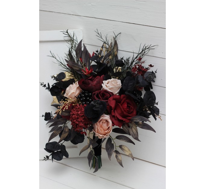 Halloween Wedding Bouquets in Burgundy, Black, Gold, and Beige – Cascade Faux Bouquets