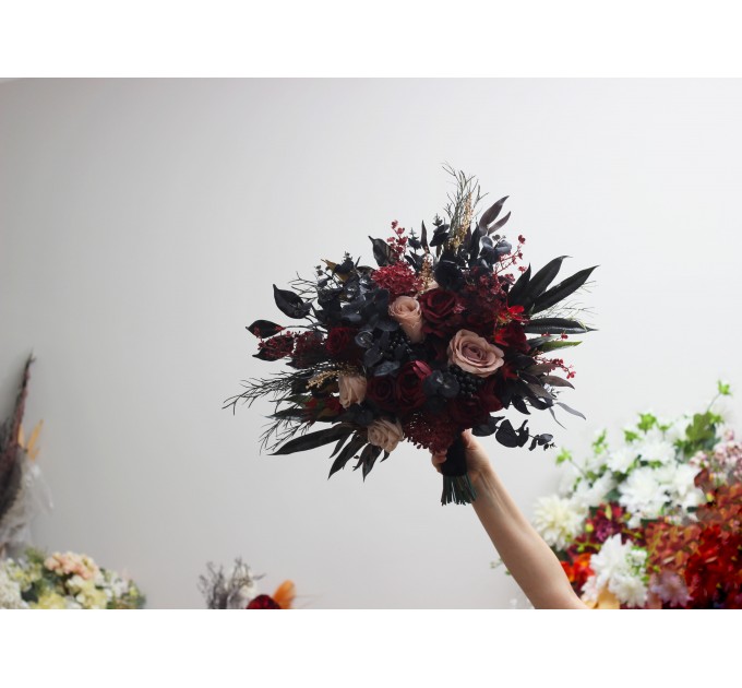 Halloween Wedding Bouquets in Burgundy, Black, Gold, and Beige – Cascade Faux Bouquets