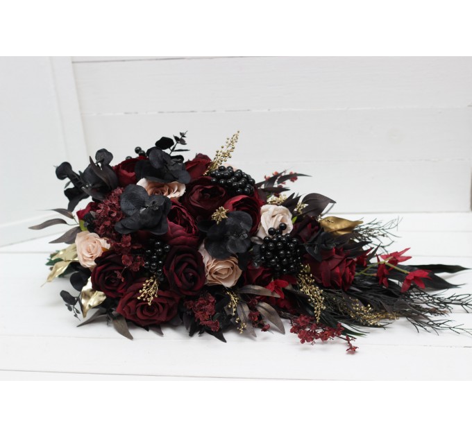 Halloween Wedding Bouquets in Burgundy, Black, Gold, and Beige – Cascade Faux Bouquets