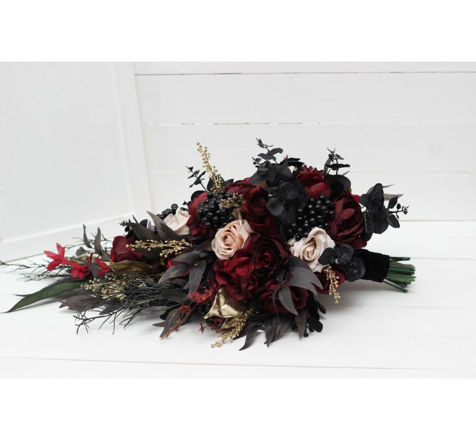 Halloween Wedding Bouquets in Burgundy, Black, Gold, and Beige – Cascade Faux Bouquets