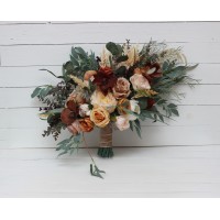 Wedding bouquets in rust brown ivory colors. Bridal bouquet. Boho wedding. Cascading bouquet. Faux bouquet. Bridesmaid bouquet. 0019