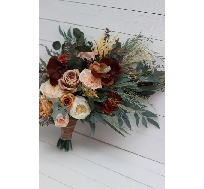 Wedding bouquets in rust brown ivory colors. Bridal bouquet. Boho wedding. Cascading bouquet. Faux bouquet. Bridesmaid bouquet. 0019