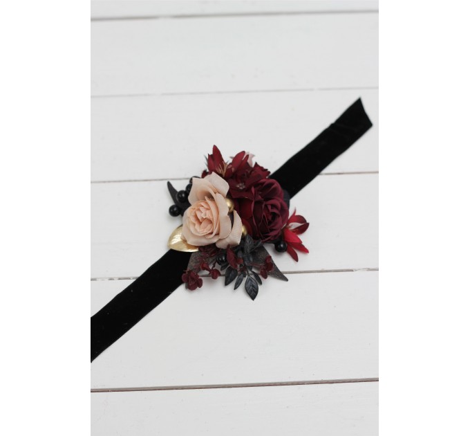  Wedding boutonnieres and wrist corsage  in Halloween color theme. Burgundy black gold beige  accessories. 0018