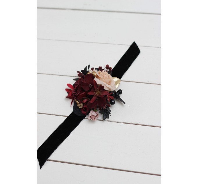  Wedding boutonnieres and wrist corsage  in Halloween color theme. Burgundy black gold beige  accessories. 0018