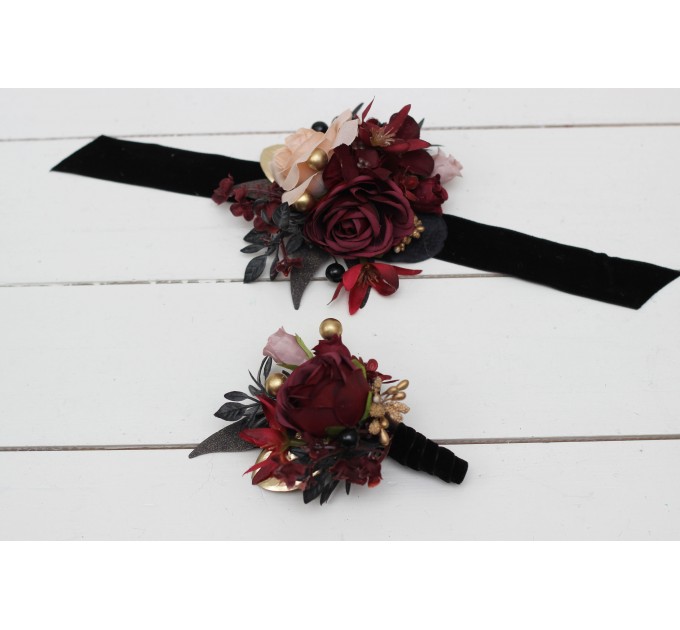  Wedding boutonnieres and wrist corsage  in Halloween color theme. Burgundy black gold beige  accessories. 0018