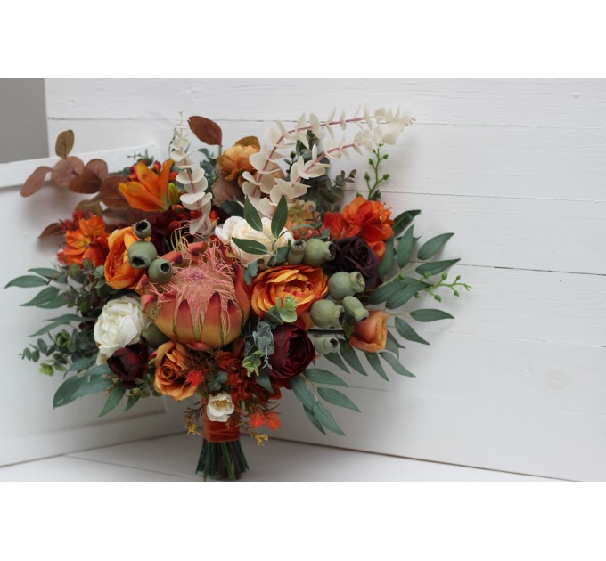Australian native flowers. Rust burgundy flowers. Protea bridal bouquet. Faux bouquet. Fall wedding. Silk flowers. Boho wedding. Bridesmaid bouquet. 5161