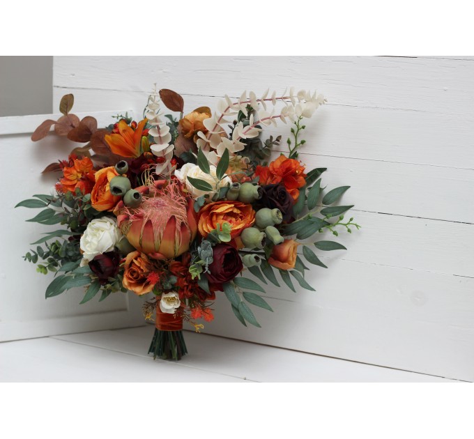Australian native flowers. Rust burgundy flowers. Protea bridal bouquet. Faux bouquet. Fall wedding. Silk flowers. Boho wedding. Bridesmaid bouquet. 5161