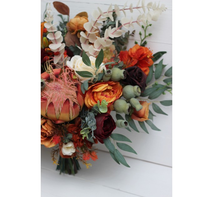 Australian native flowers. Rust burgundy flowers. Protea bridal bouquet. Faux bouquet. Fall wedding. Silk flowers. Boho wedding. Bridesmaid bouquet. 5161