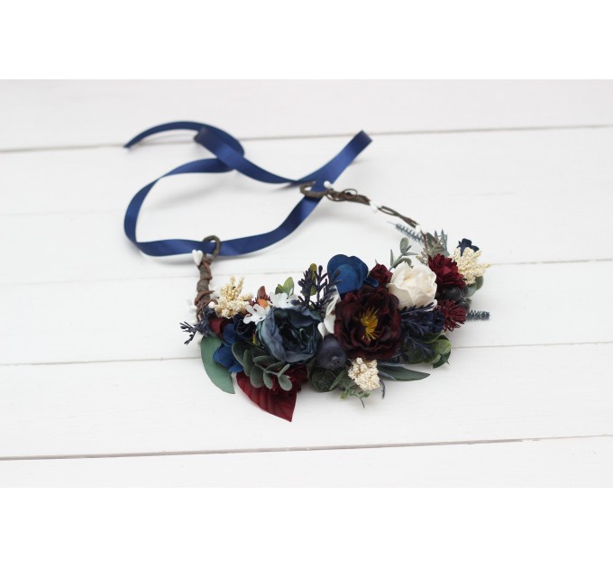 Burgundy ivory navy blue flower crown. Hair wreath. Flower girl crown. Wedding flowers. 5097