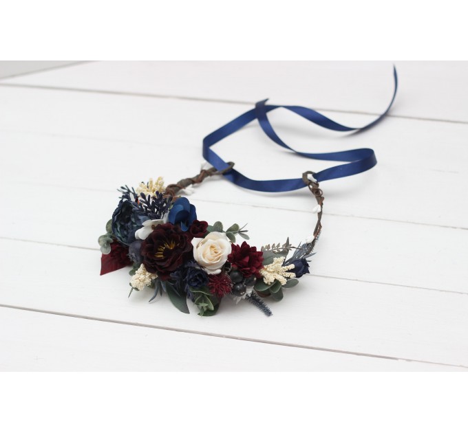 Burgundy ivory navy blue flower crown. Hair wreath. Flower girl crown. Wedding flowers. 5097