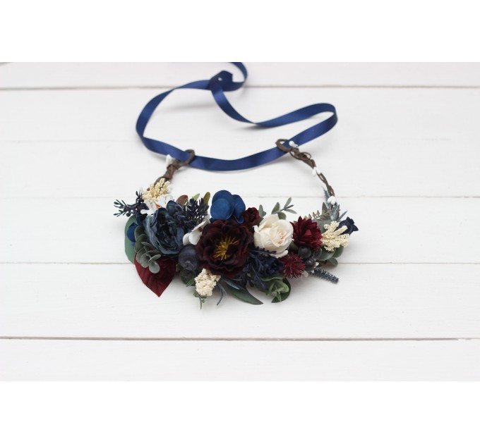 Burgundy ivory navy blue flower crown. Hair wreath. Flower girl crown. Wedding flowers. 5097