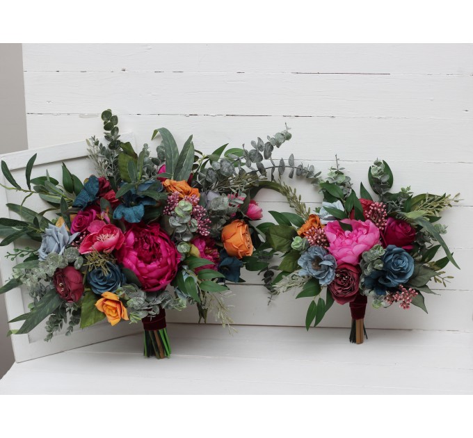Jewel-Tone Wedding Bouquets in Emerald Green, Orange, Magenta & Teal | Faux Bridal & Bridesmaid Bouquets