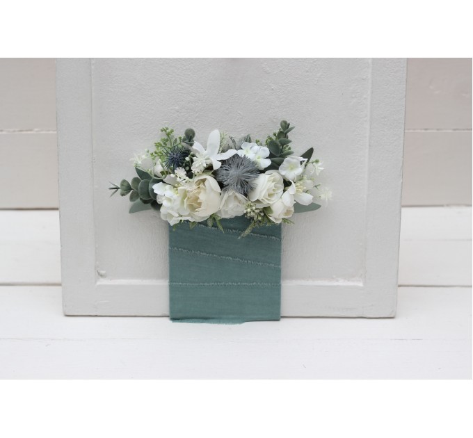 Pocket boutonniere in white sage green color scheme. Flower accessories. 5021