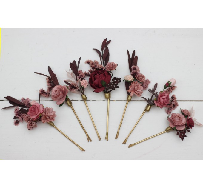 Set of 7 bobby pins. Burgundy dusty rose fall wedding. Hair accessories. Bridal flowers. Flower hair pins. Floral hair pins. Hairpiece. Bridesmaid gift. 5173