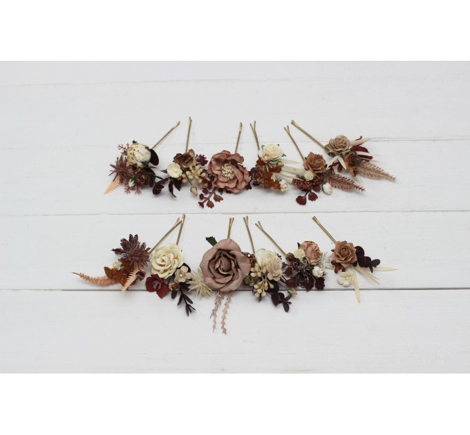 Set of bobby pins. Beige brown ivory flowers. Fall wedding. Boho wedding. Hair flowers. 5172