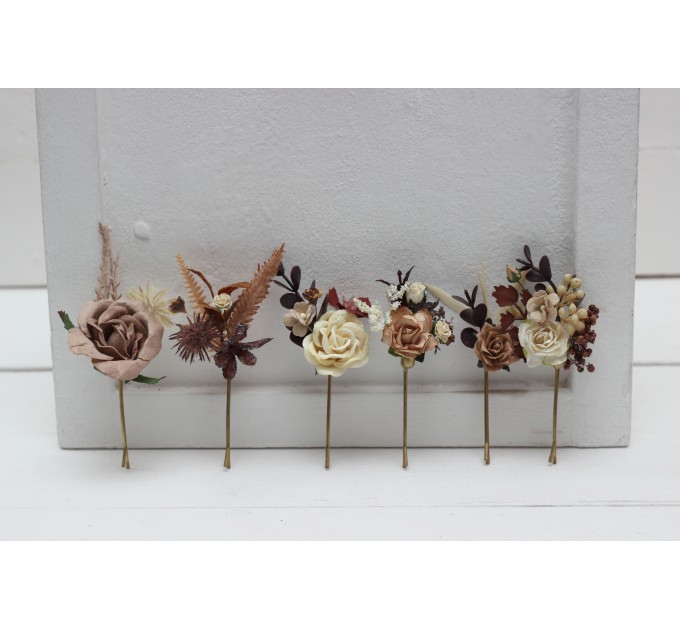 Set of bobby pins. Beige brown ivory flowers. Fall wedding. Boho wedding. Hair flowers. 5172