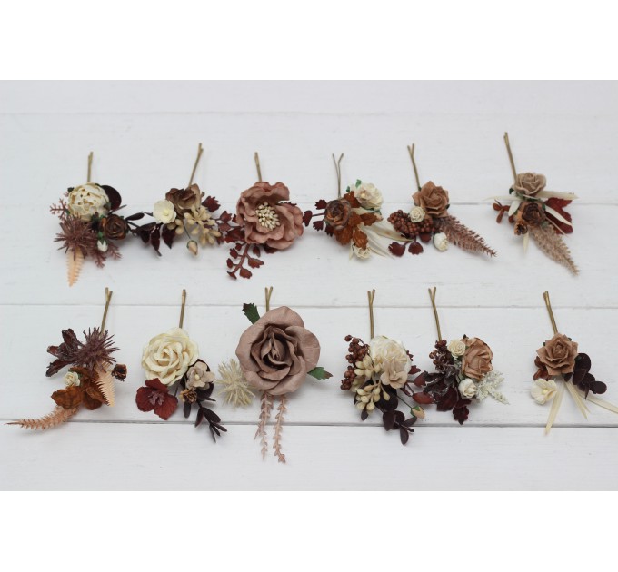 Set of bobby pins. Beige brown ivory flowers. Fall wedding. Boho wedding. Hair flowers. 5172