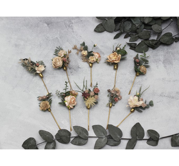 Set of bobby pins. Beige eucalyptus accessories. Bridal hairpiece. Wedding flowers. Floral hair pins. Floral bobby pins. 5171