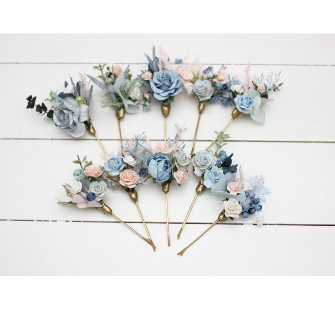 Set of bobby pins. Spring wedding. Dusty blue pink white hair accessories. Bridal flowers. Floral hair pins. Hairpiece. Bridesmaid gift. 5174