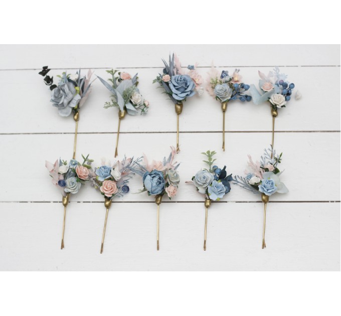 Set of bobby pins. Spring wedding. Dusty blue pink white hair accessories. Bridal flowers. Floral hair pins. Hairpiece. Bridesmaid gift. 5174