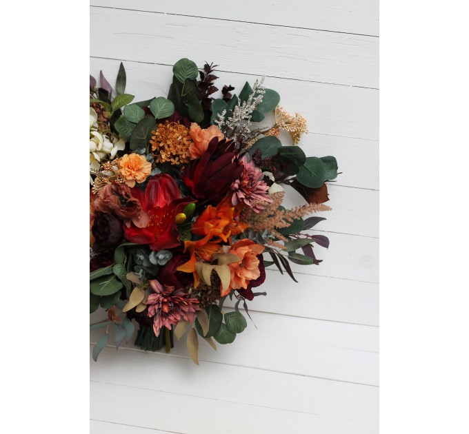 Wedding Bouquets in Burgundy & Burnt Orange | Cascading Bridal & Bridesmaid Faux Bouquets