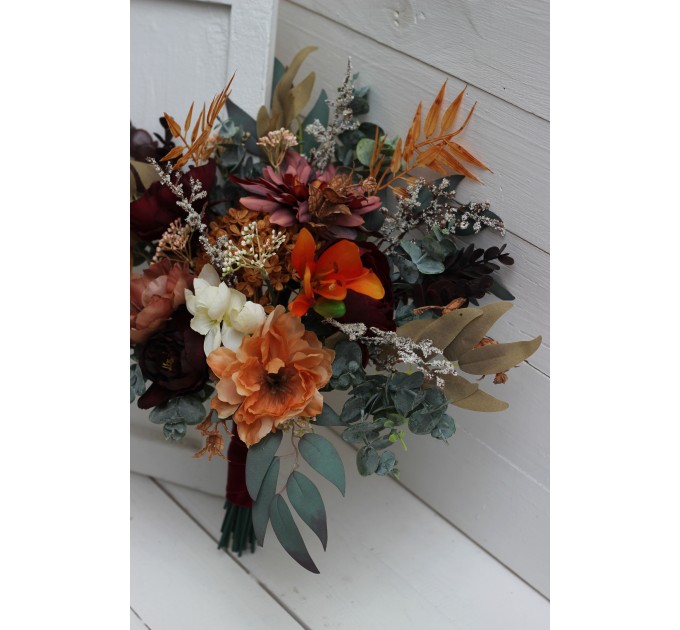 Wedding Bouquets in Burgundy & Burnt Orange | Cascading Bridal & Bridesmaid Faux Bouquets