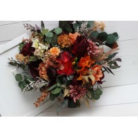 Wedding bouquets in burgundy burnt orange colors. Bridal bouquet. Cascading bouquet. Faux bouquet. Bridesmaid bouquet.5160