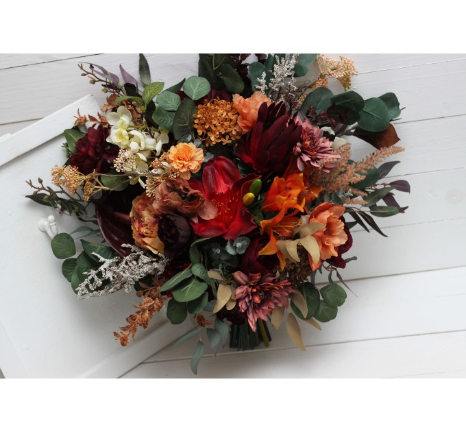 Wedding Bouquets in Burgundy & Burnt Orange | Cascading Bridal & Bridesmaid Faux Bouquets
