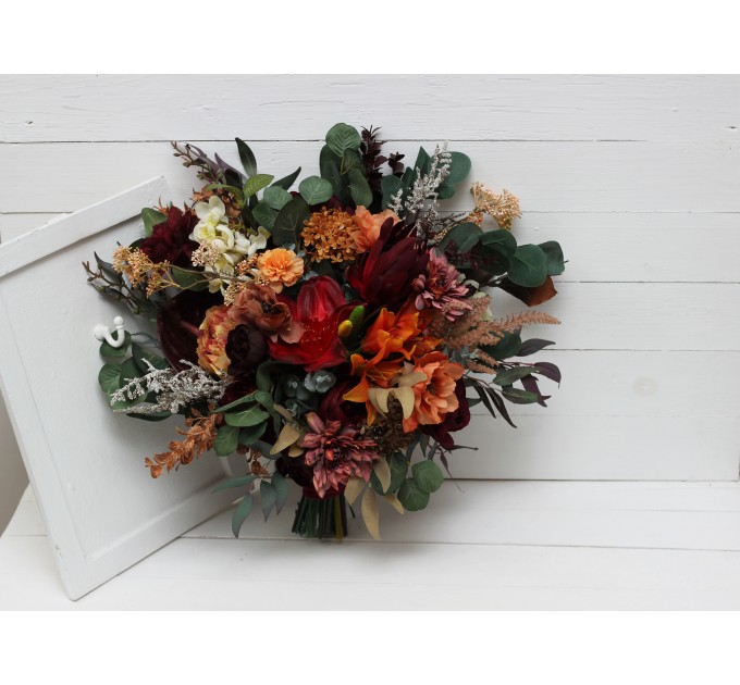 Wedding Bouquets in Burgundy & Burnt Orange | Cascading Bridal & Bridesmaid Faux Bouquets