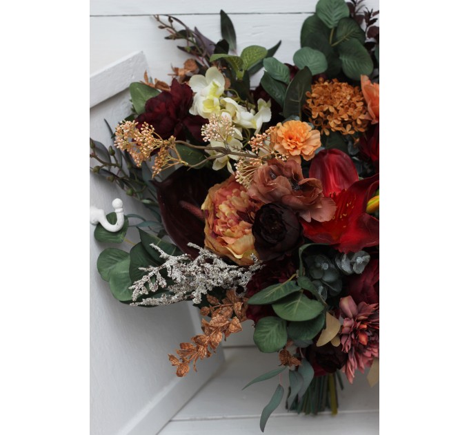 Wedding Bouquets in Burgundy & Burnt Orange | Cascading Bridal & Bridesmaid Faux Bouquets